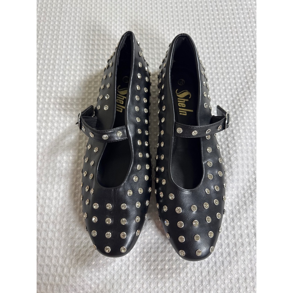 Shein Mary Jane Shoes Womens 10 Rhinestone Studded Black Flat NEW